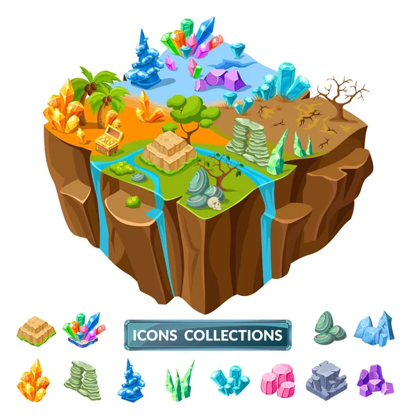 Isla de Juegos y Piedras Iconos Isométricos — Archivo Imágenes Vectoriales