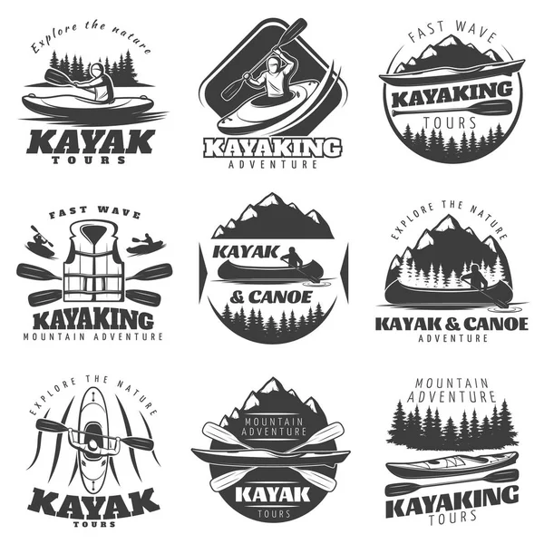 Set de etiquetas de recorrido en kayak — Vector de stock