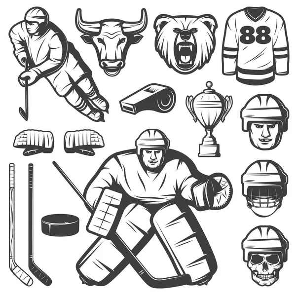 Ensemble d'éléments de hockey vintage — Image vectorielle