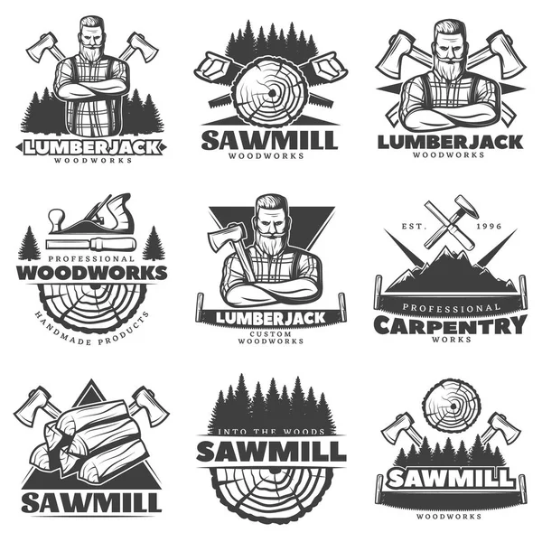 Lumberjack Monochrome Labels Set — Stock Vector