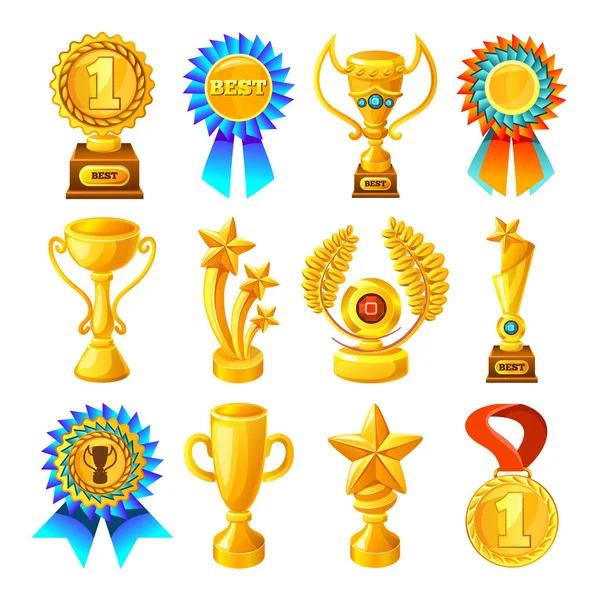 Juego de iconos de recompensa de oro de dibujos animados — Vector de stock