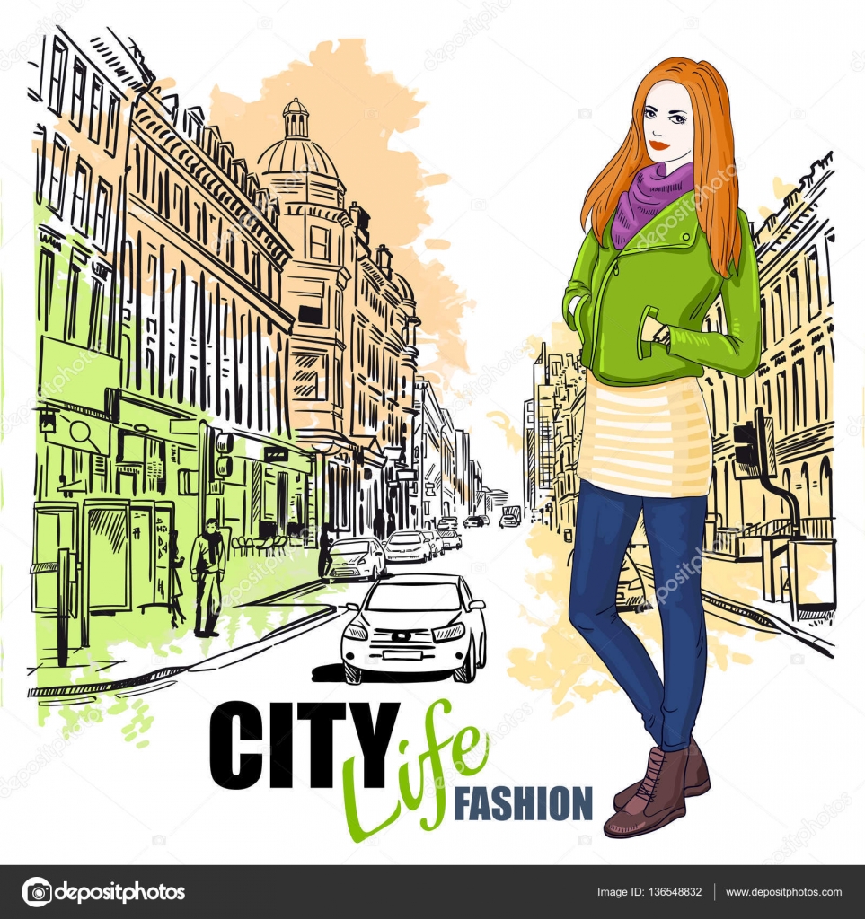 Manifesto strada di city moda colorata schizzo con ragazza in citt  e matita stile disegnato — Vettoriali di Mogil