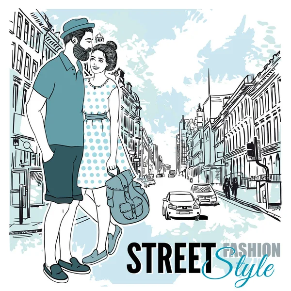 Couple Fashion City Street Poster — Stock Vector