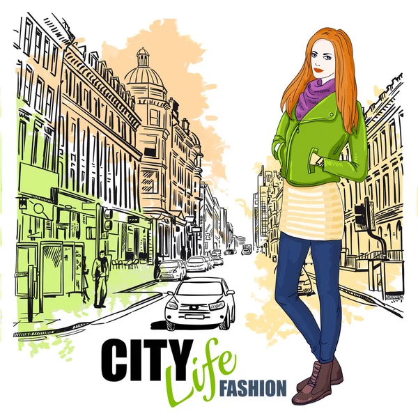 Sketch Fashion City Street Poster - Stok Vektor