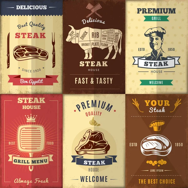 Vintage Steak House Posters Set — Stockvector