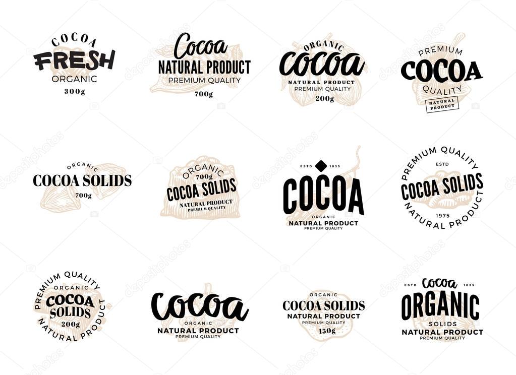 Isolated cocoa logo set with cocoa fresh organic cocoa natural product premium quality descriptions vector illustration