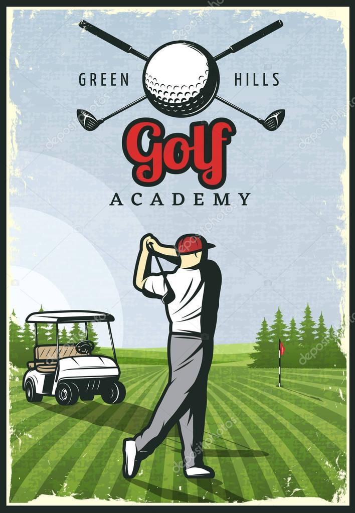 Colorful retro golf poster with player hole cart and club logo on green field vector illustration