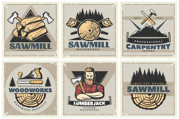 Sawmill Small Posters Set — Stock Vector