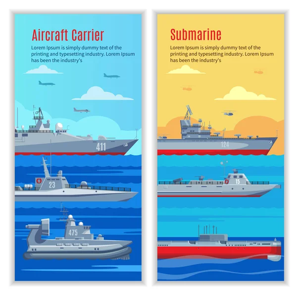 Військові кораблі вертикальні банери — стоковий вектор