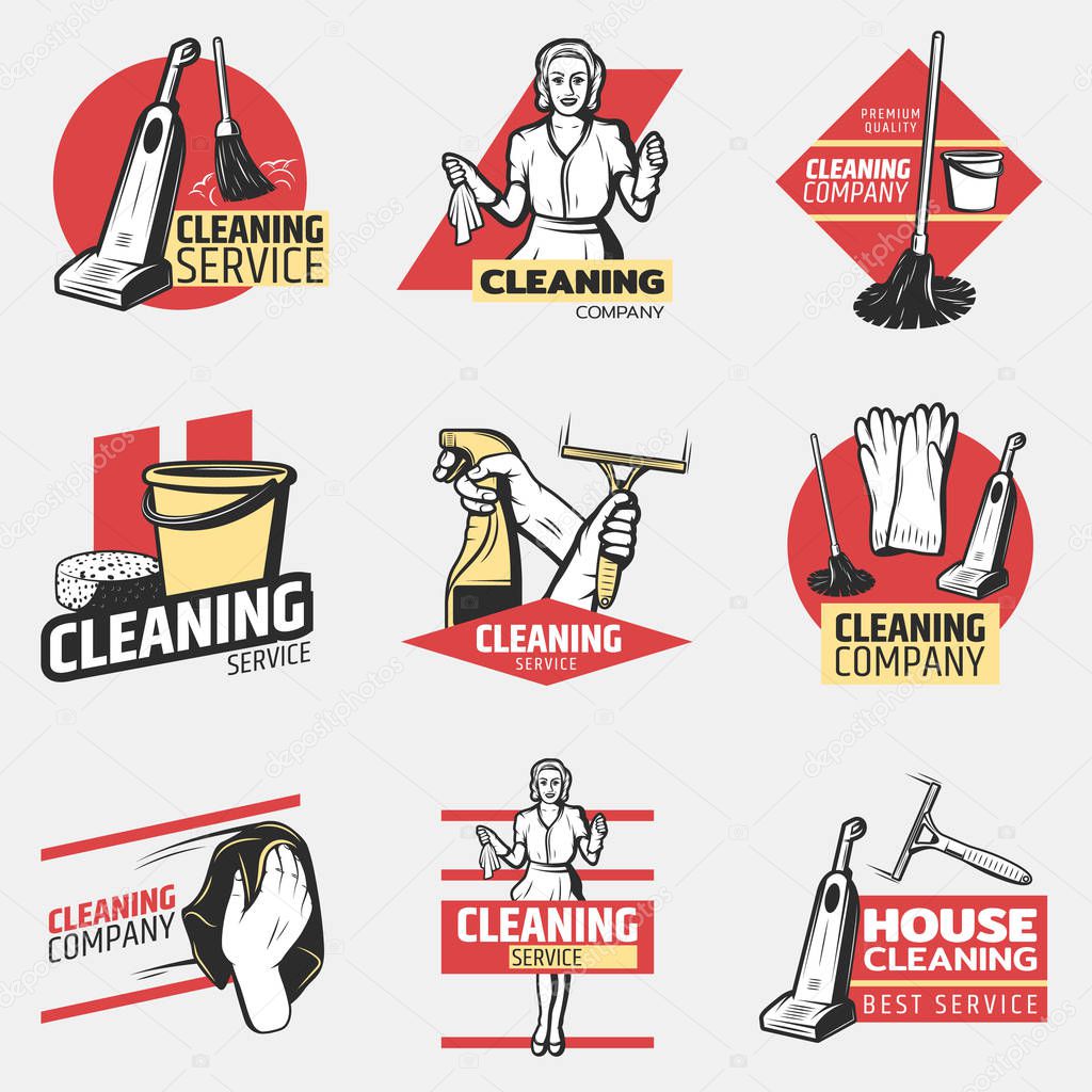 Colorful cleaning company logotypes with maid and washing tools in vintage style isolated vector illustration