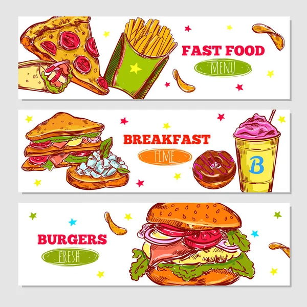 Fast Food szkic poziome banery — Wektor stockowy