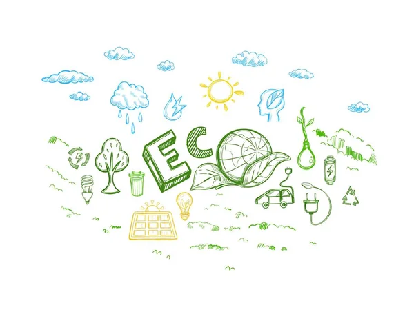 Ecología Energía Bosquejo Elementos Conjunto — Vector de stock