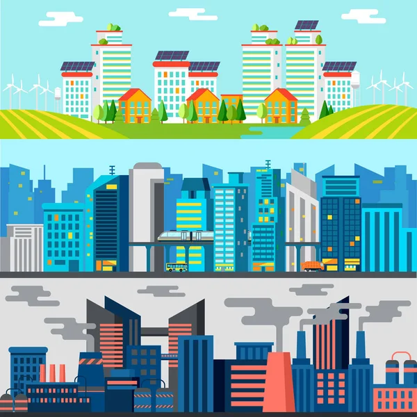 Banners horizontales de paisaje urbano colorido — Vector de stock