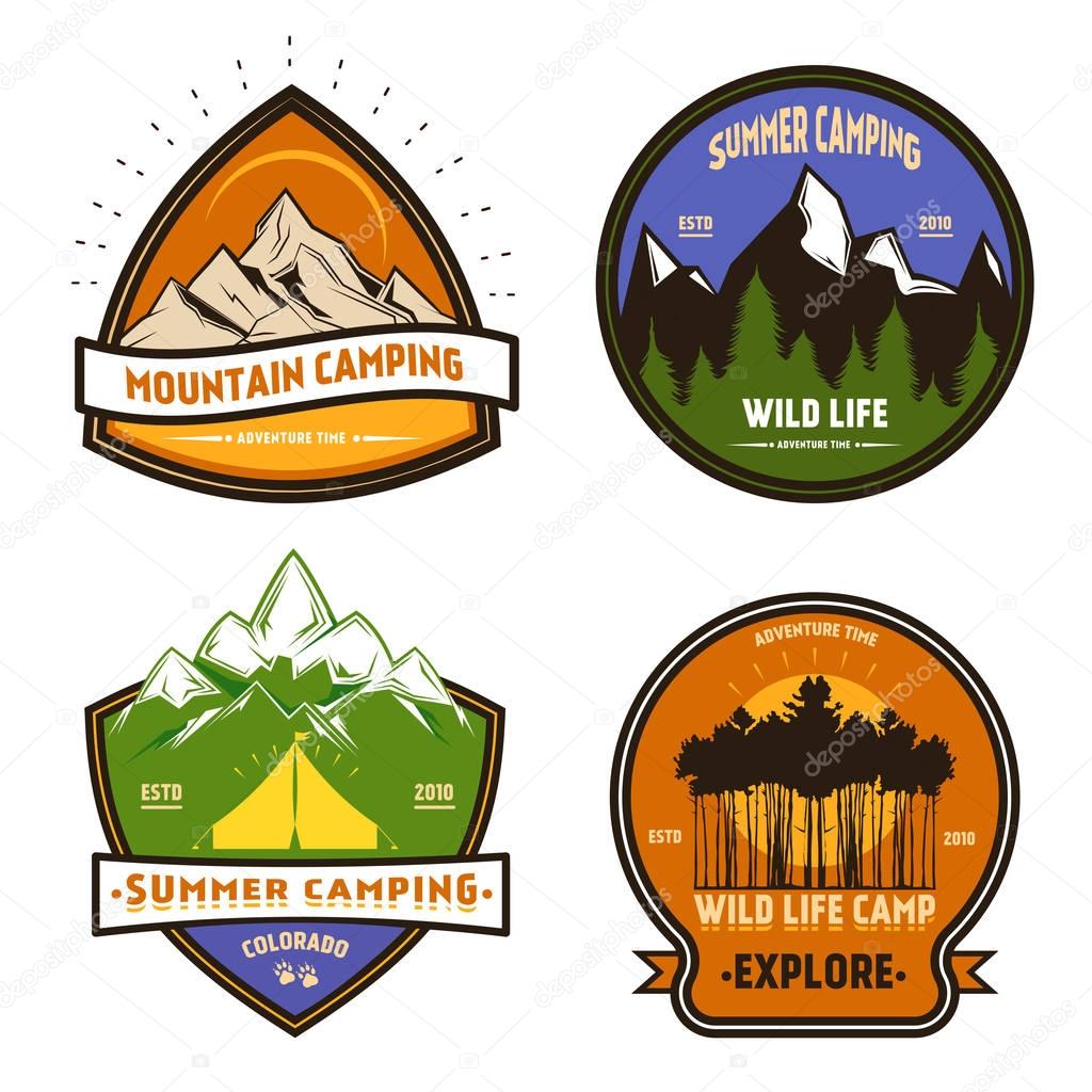Camping colorful elements set of badges emblems and logos in retro style isolated vector illustration