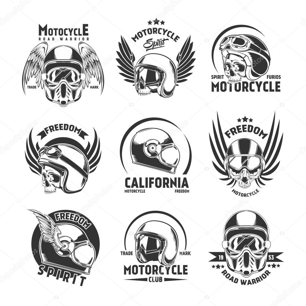 Motorcycle helmet design elements set with badges logos and labels in vintage style isolated vector illustration