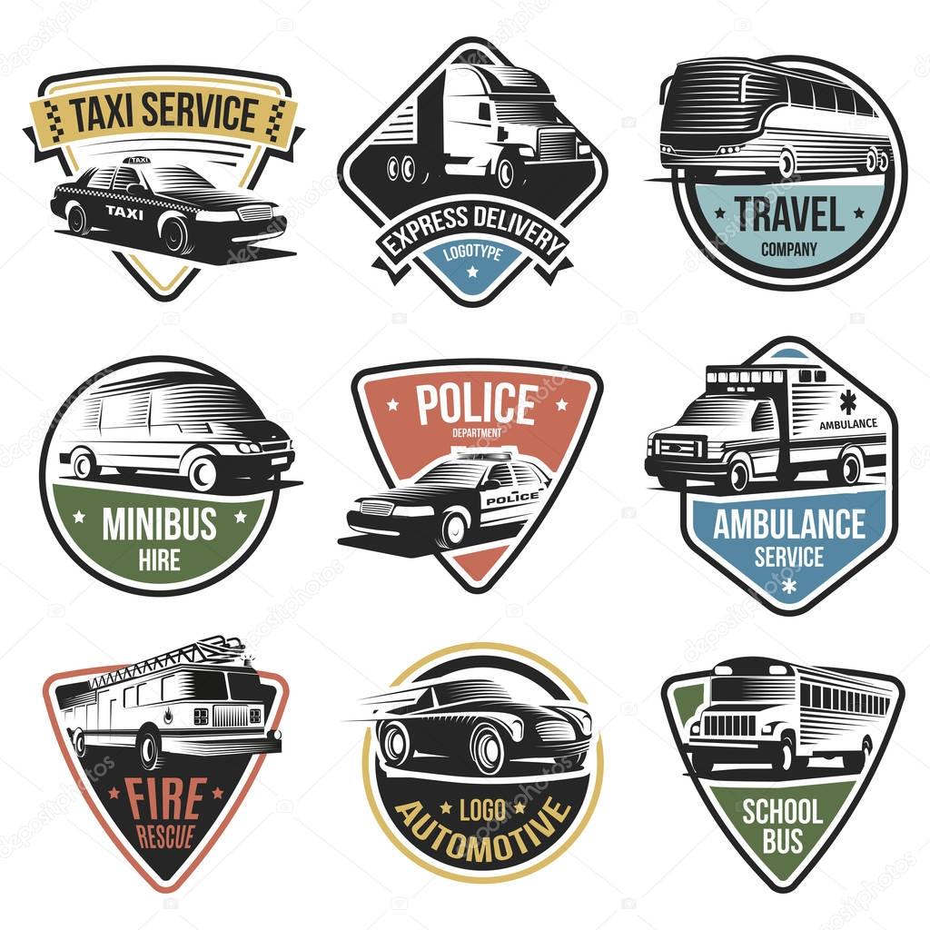Public and emergency transport logos set of various services with different vehicles on white background isolated vector illustration