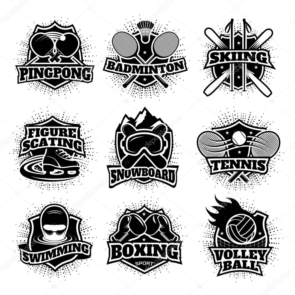 Monochrome sport logos set of different disciplines with various equipment isolated vector illustration