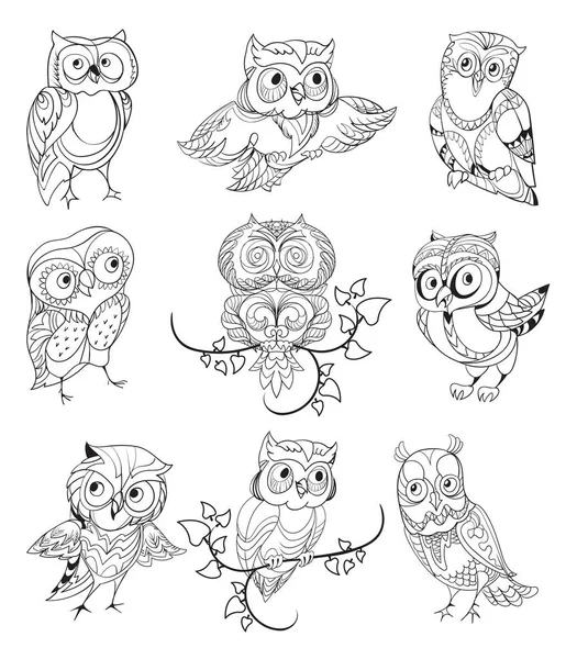 Cute Owls Outline Collection — Stock Vector
