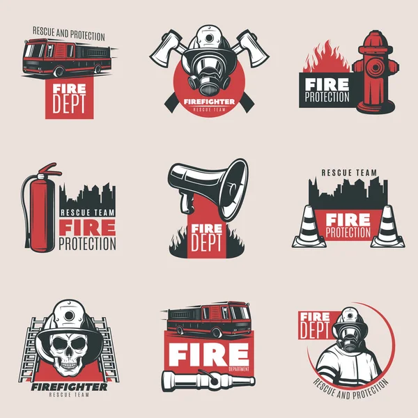 Conjunto de logotipos de protección contra incendios Vintage — Archivo Imágenes Vectoriales