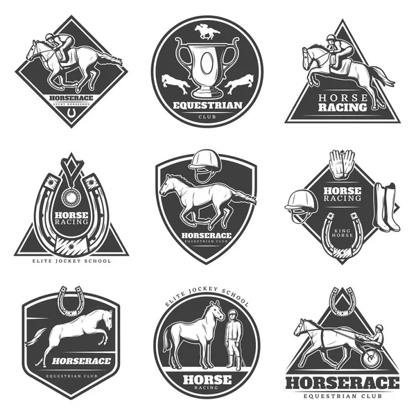 Ensemble d'étiquettes de course de chevaux monochromes — Image vectorielle