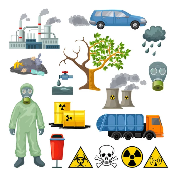 Conjunto de iconos de contaminación ambiental de dibujos animados — Vector de stock