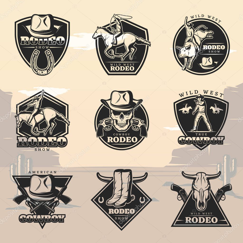 Black vintage rodeo logos set with cowboys animals weapon and western elements on wild west landscape isolated vector illustration