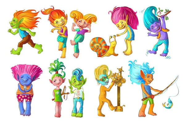 Desenhos animados engraçados conjunto de personagens de troll — Vetor de Stock