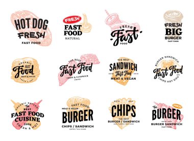 Elle çizilmiş Fast Food Logotypes Set
