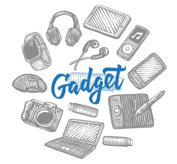 Conjunto de doodle de gadget de jogador desenhado à mão isolado em branco