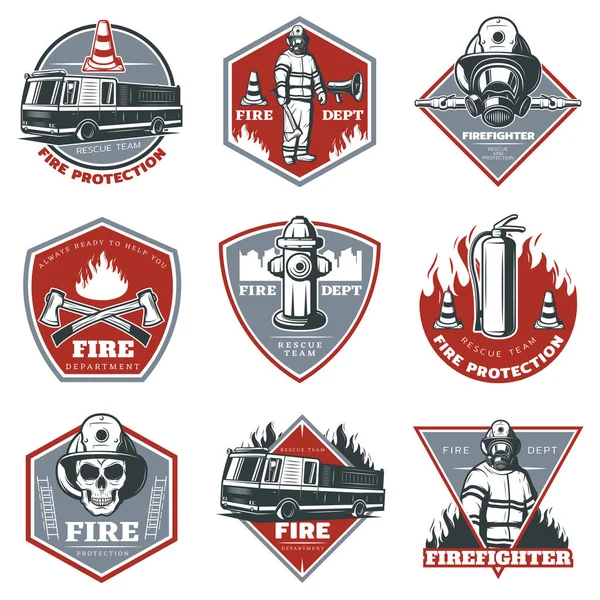 Conjunto de etiquetas vintage de combate a incêndios — Vetor de Stock