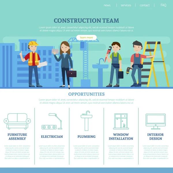 Modèle de page Web de l'équipe de construction — Image vectorielle