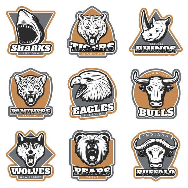 Colorido equipo deporte animales logotipos conjunto — Archivo Imágenes Vectoriales
