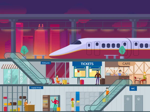 Estación de tren plana Concepto de tiempo nocturno — Vector de stock