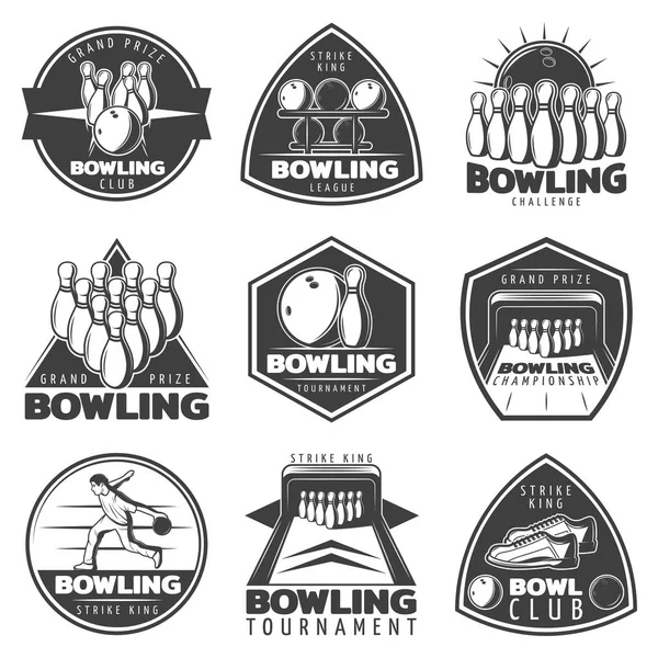 Ensemble d'étiquettes de bowling monochrome — Image vectorielle