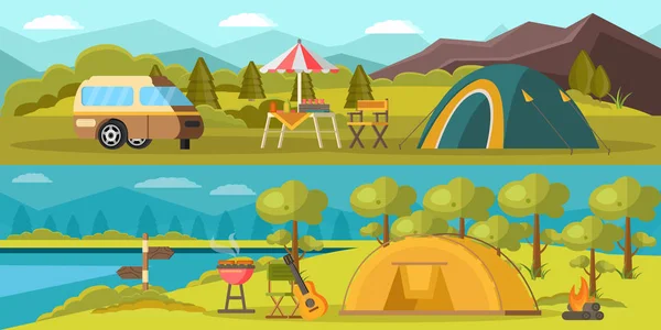 Banners horizontais de acampamento coloridos — Vetor de Stock