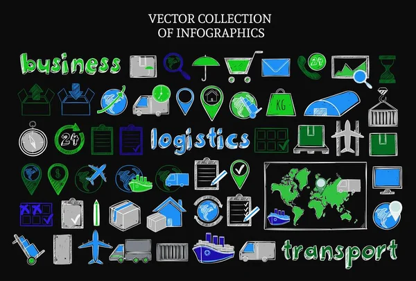 Kézzel rajzolt színes logisztikai elemek beállítása — Stock Vector