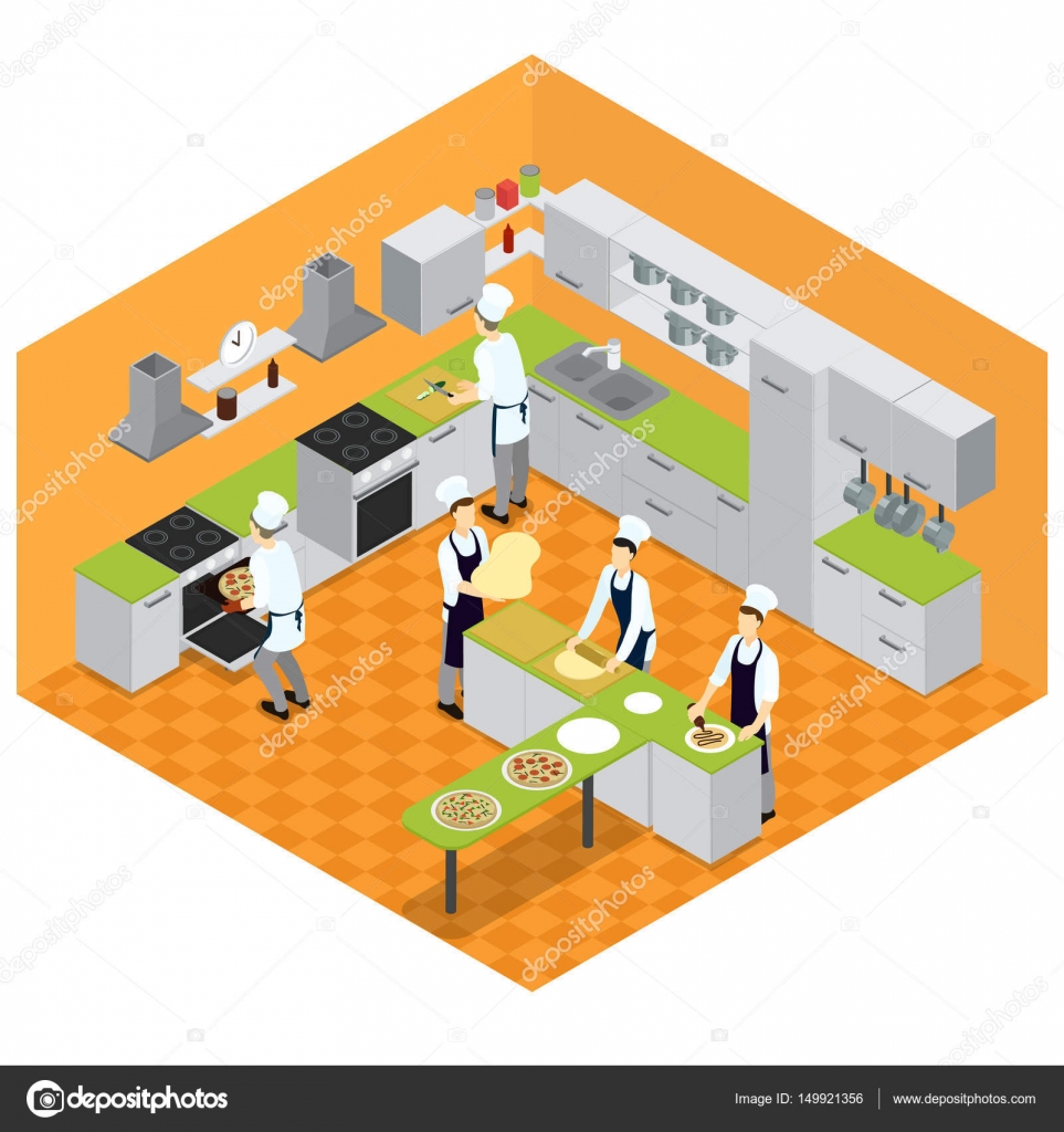Isometric Italian Restaurant Kitchen Concept With Furniture Utensil And People Cooking Different Kinds Of Pizza Vector Isometric Italian Restaurant Kitchen Concept With Furniture Utensil And People Cooking Different Kinds Of Pizza Vector