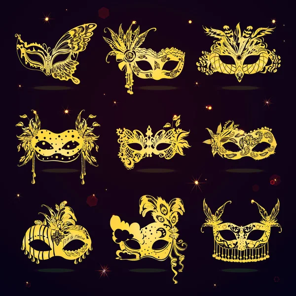 Ensemble de masques de fête en dentelle dorée — Image vectorielle