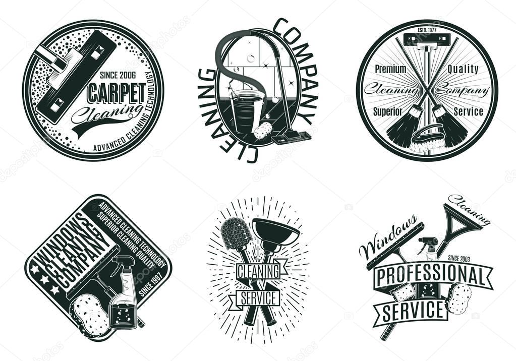 Monochrome cleaning company logos set with inscriptions tools accessories and equipment in vintage style isolated vector illustration