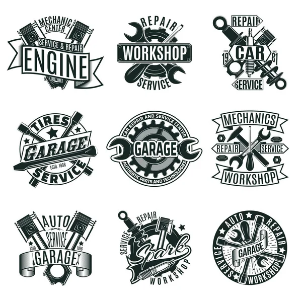 Conjunto de logotipos de servicio de reparación de automóviles monocromo — Archivo Imágenes Vectoriales
