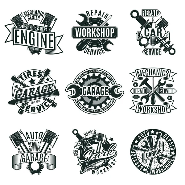 Monochroom auto reparatie Service logo's Set — Stockvector