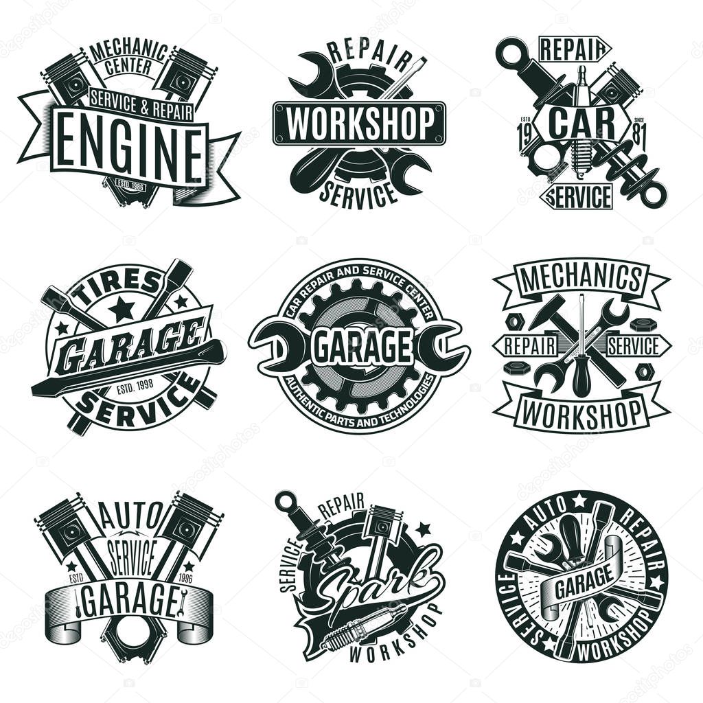 Monochrome car repair service logos set with mechanic tools and equipment in vintage style isolated vector illustration