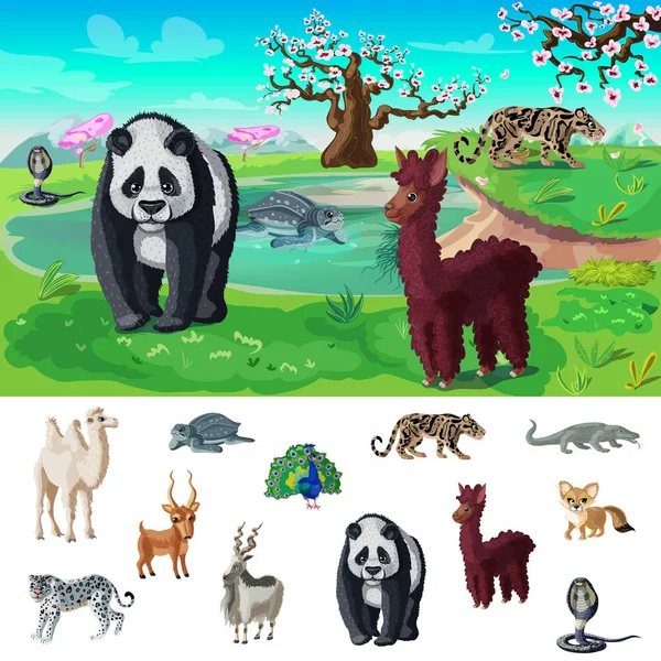 Dessin animé Asian Wildlife Concept — Image vectorielle