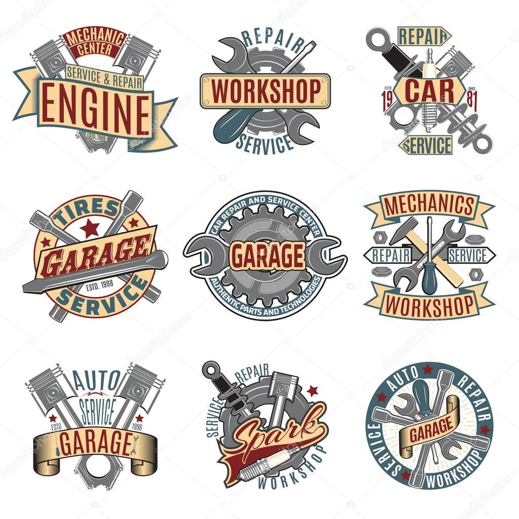 Colored auto repair service logotypes set with garage mechanic tools and equipment isolated vector illustration