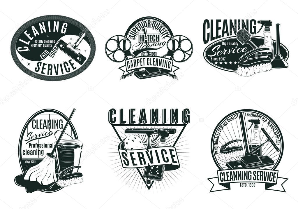 Vintage professional cleaning service labels set with inscriptions housekeeping tools and products isolated vector illustration