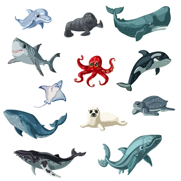 Cartoon Colorful Underwater Animals Set - Stok Vektor