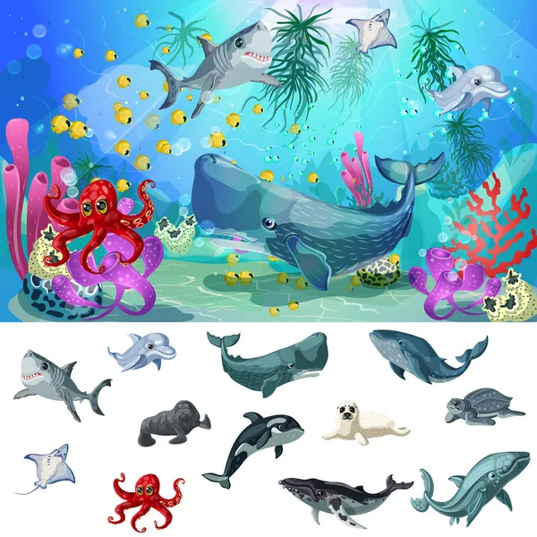 Concepto de fauna marina y marina de dibujos animados — Vector de stock