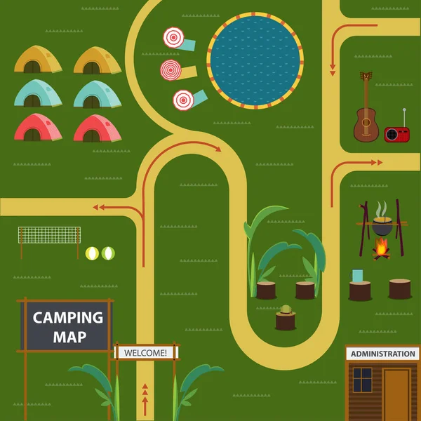 Płaskie Camping koncepcja mapa — Wektor stockowy