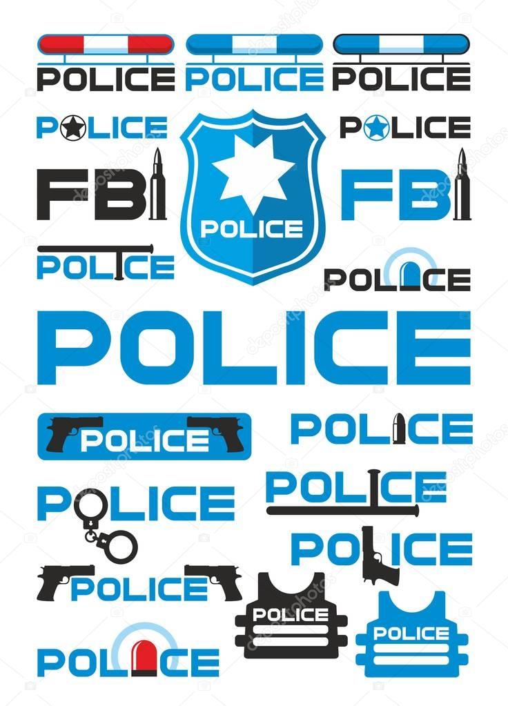Police and justice logotypes set with inscriptions sirens bullets handcuffs pistols badge bulletproof vests batons isolated vector illustration