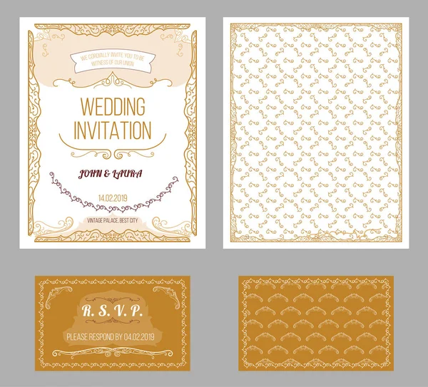 Vintage Wedding Invitation Cards Set — Stock Vector